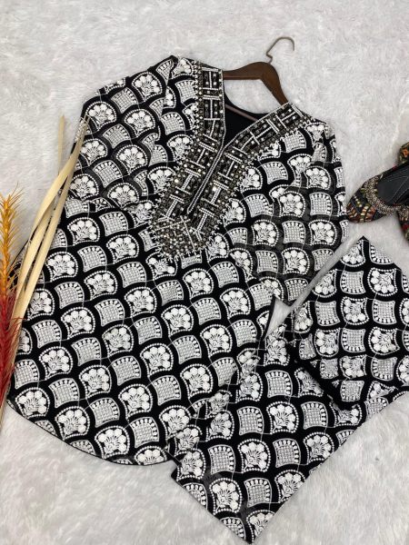 Black And White Faux Georgette Suit With Real Mirror Work Kurti With Bottom Wholesale