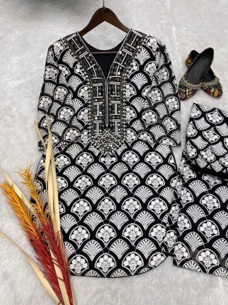 Black And White Faux Georgette Suit With Real Mirror Work Kurti With Bottom Wholesale