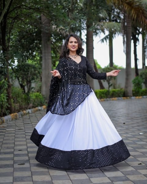 Black   White Premium Riyon Cotton Embroidery Work Navratri Special Navratri Lehnega Choli