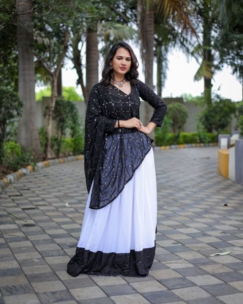 Black   White Premium Riyon Cotton Embroidery Work Navratri Special Navratri Lehnega Choli