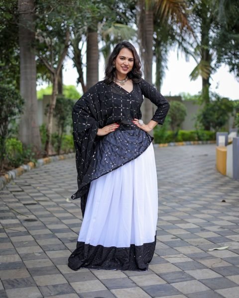 Black   White Premium Riyon Cotton Embroidery Work Navratri Special Navratri Lehnega Choli