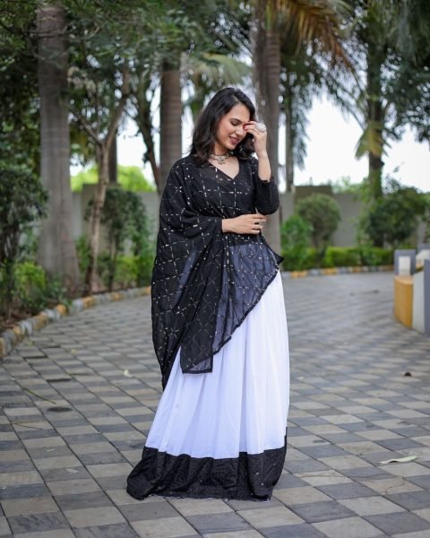 Black   White Premium Riyon Cotton Embroidery Work Navratri Special Navratri Lehnega Choli