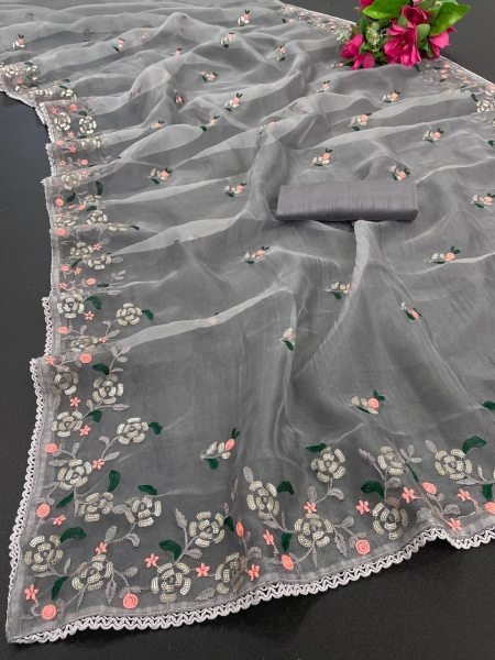 BlockBuster Design Organza Saree With Embroidery Work  Organza Sarees Wholesale