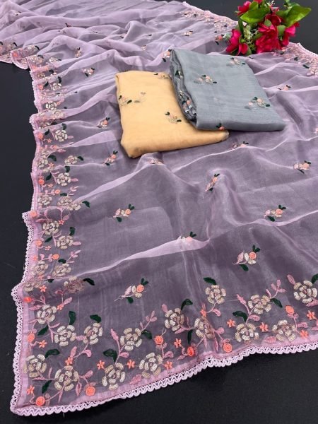 BlockBuster Design Organza Saree With Embroidery Work  Organza Sarees Wholesale