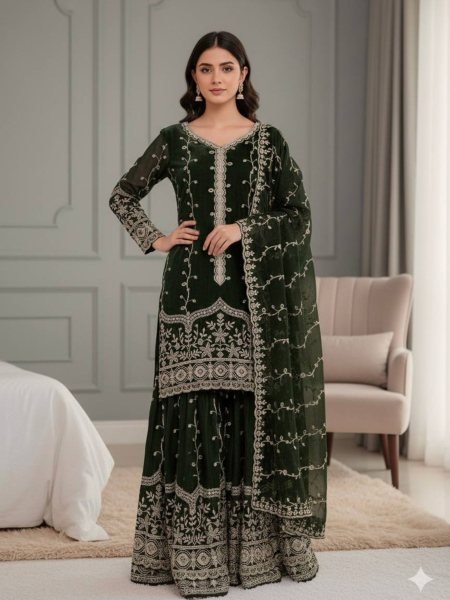 Bloom Green Fendy Silk Embroidered Kurti Plazzo Set with Heavy Dupatta for  Festival  Wear 