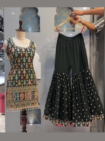 Bloom Faux Georgette Sequins Embroidered Sharara Set with Fancy Lace Dupatta for Party Wear  