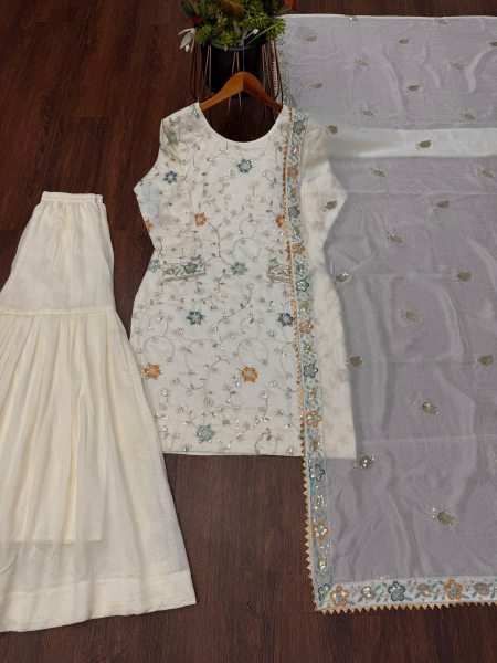 Blooming Front Work Chinnon  Sharara Set with Embroidery Work for Party Wear Ready To Wear Collection