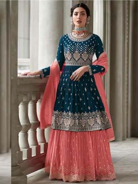  Blooming Georgatte With Embriodery Siquance work Plazzo Suit Designer Plazzo Salwar Suits Wholesale