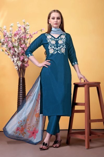 Blue Breeze 3 Piece Rayon Suit Set with Chanderi Print Dupatta Everyday to Ethnic 3 Piece Kurti Set