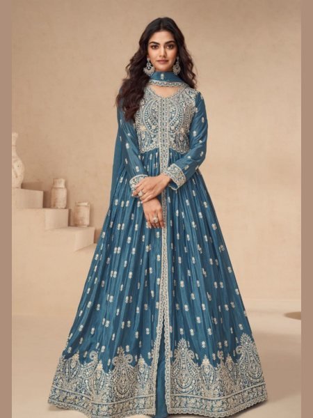 Blue Chinon Silk Indo Western Suit with Heavy Embroidery Wedding & Occasion Wear at Manufacturer Price