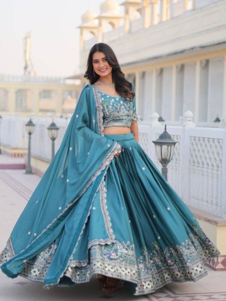 Blue Color Pure Chinon Lehenga Choli  with Heavy Embroidery Work  Lehenga