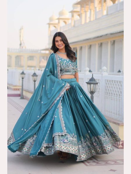 Blue Color Pure Chinon Lehenga Choli  with Heavy Embroidery Work Designer Lehenga Choli