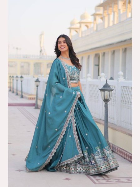 Blue Color Pure Chinon Lehenga Choli  with Heavy Embroidery Work Designer Lehenga Choli