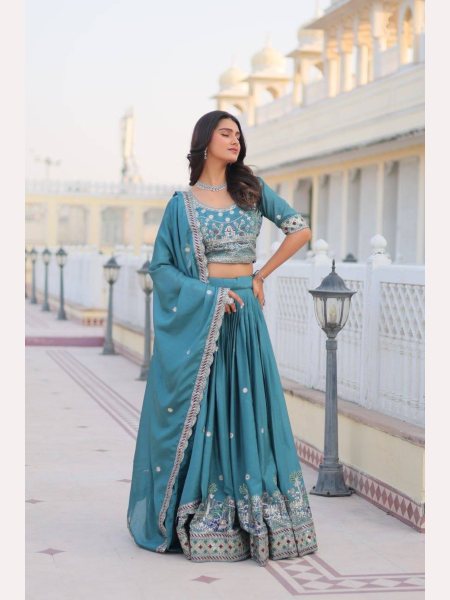 Blue Color Pure Chinon Lehenga Choli  with Heavy Embroidery Work Designer Lehenga Choli