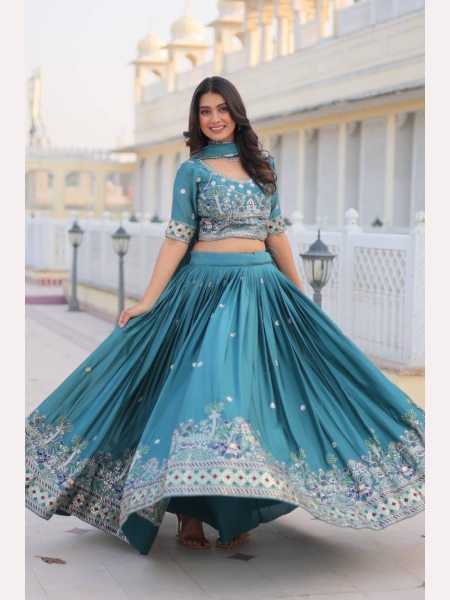 Blue Color Pure Chinon Lehenga Choli  with Heavy Embroidery Work Designer Lehenga Choli