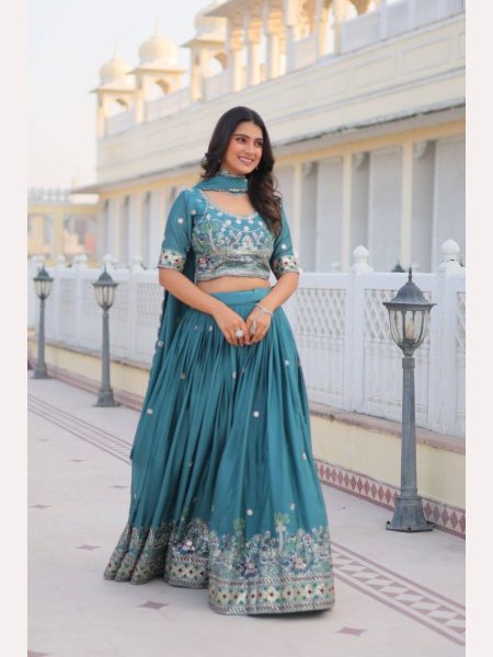 Blue Color Pure Chinon Lehenga Choli  with Heavy Embroidery Work Designer Lehenga Choli