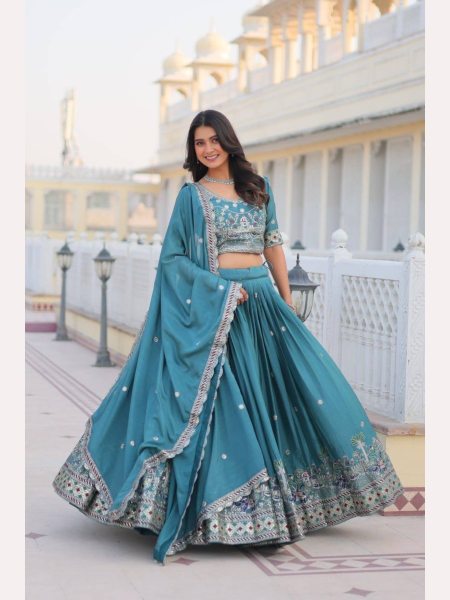 Blue Color Pure Chinon Lehenga Choli  with Heavy Embroidery Work Designer Lehenga Choli