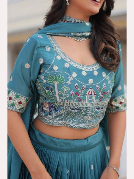 Blue Color Pure Chinon Lehenga Choli  with Heavy Embroidery Work Designer Lehenga Choli