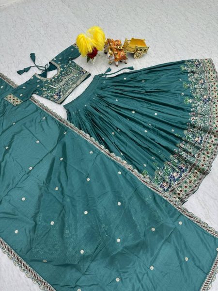 Blue Color Pure Chinon Lehenga Choli  with Heavy Embroidery Work Designer Lehenga Choli