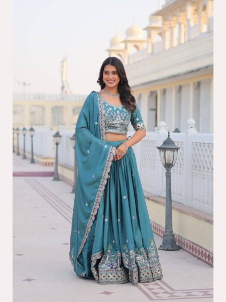 Blue Color Pure Chinon Lehenga Choli  with Heavy Embroidery Work Designer Lehenga Choli