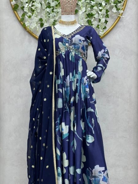 Blue Colour Chinon Silk 3 Piece Kurti Set With  Mirror Work 3 Piece Kurti Set