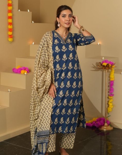 New Design Includes Blue Cotton Printed Roman Slub Suit Set With Dupatta 