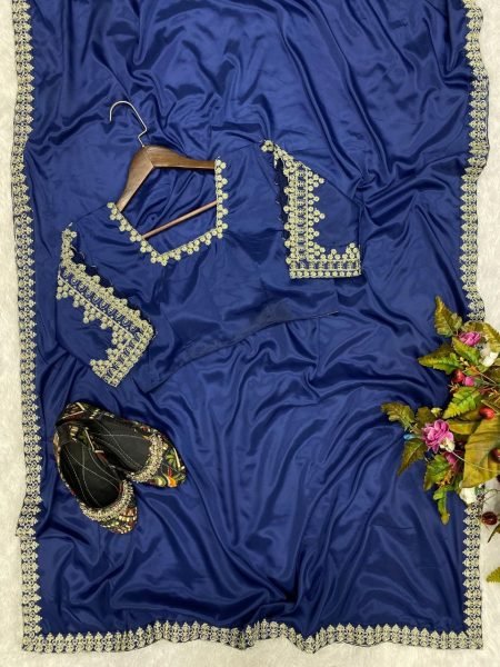 Blue Crep Silk Embroidery Lace Work Saree  Silk Sarees Wholesale