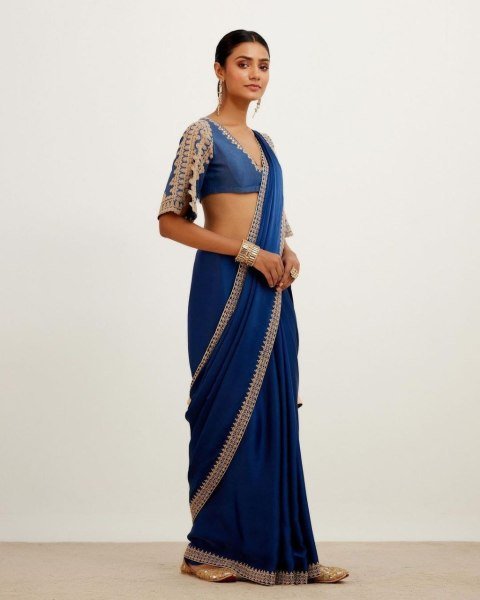 Blue Crep Silk Embroidery Lace Work Saree  Silk Sarees Wholesale