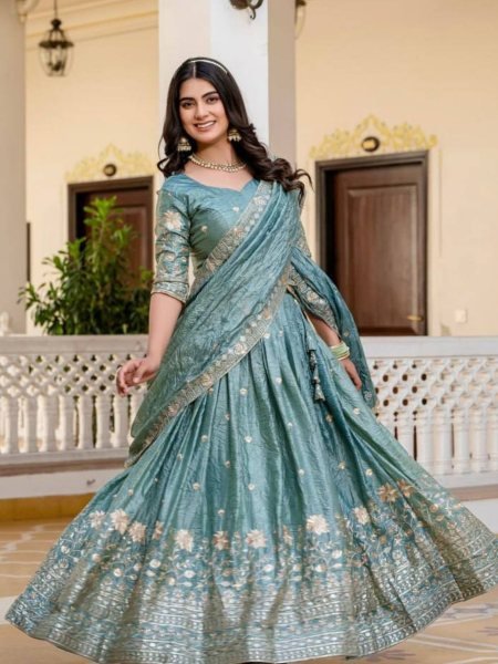 Blue Crush Silk Lehenga with Heavy Border Work Party Collection  Lehenga