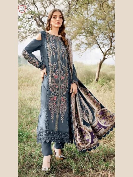 Blue Embroidered Rayon Salwar Kameez Set Hoor Tex H-377 C Pakistani Style Salwar Kameez
