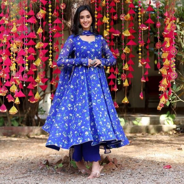 Blue Fox Georgette Print Gown With Dupatta  Kurti With Dupatta Wholesale