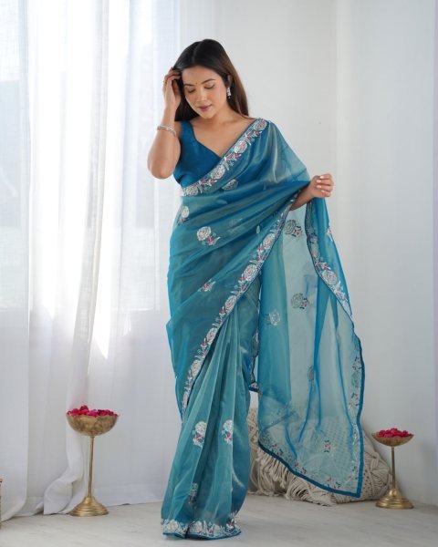 Blue Net Saree with Thread & Sequin Embroidery Event Wear Party Collection from Surat-Based Supplier Embroidery Sarees Wholesale