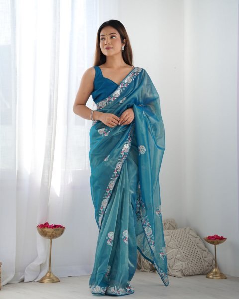 Blue Net Saree with Thread & Sequin Embroidery Event Wear Party Collection from Surat-Based Supplier Embroidery Sarees Wholesale