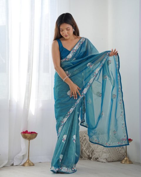 Blue Net Saree with Thread & Sequin Embroidery Event Wear Party Collection from Surat-Based Supplier Embroidery Sarees Wholesale