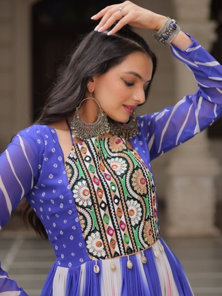 Blue Pink Bandhej Print Faux Georgette Navratri Gown with 4 Mtr Flair and Mirror Embroidery Perfect for Festivals 