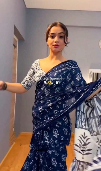 Blue Premium Linen Cotton Saree  Ready To Wear Saree 