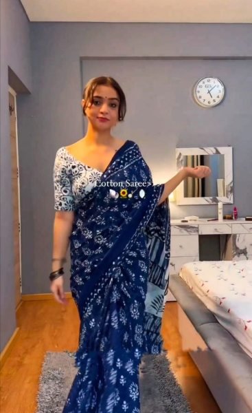 Blue Premium Linen Cotton Saree  Ready To Wear Saree 