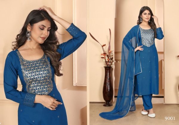 Blue Premium Rayon Sequins Work Festival Wear Readymade Kurti Set 3 Piece Kurti Set