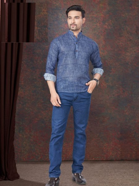 Blue Pure Linen Straight Casual Wear Readymade Short Kurta Mens Wear