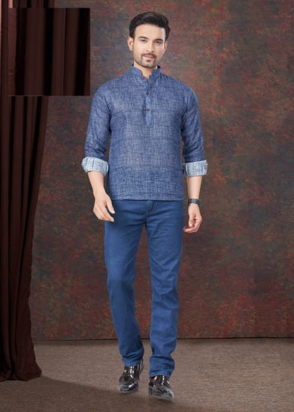 Blue Pure Linen Straight Casual Wear Readymade Short Kurta Mens Shirt