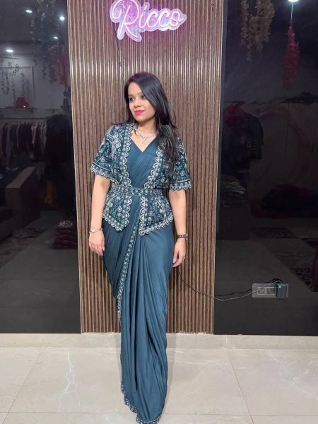 Blue Star Georgette Ready to Wear Saree with Sequin   Embroidery  Fully Stitched Blouse   Fancy Belt Wholesale Partywear Set 