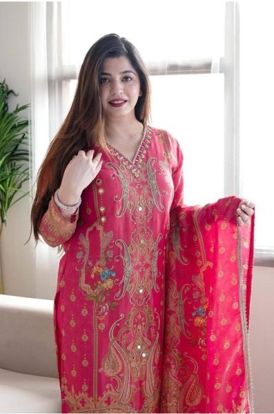Blush Bloom Light Pink Satin Kurti Set Luxe Digital Print 3-Piece Silk Ensemble for Festive Wear  Straight Cut Long Kurtis