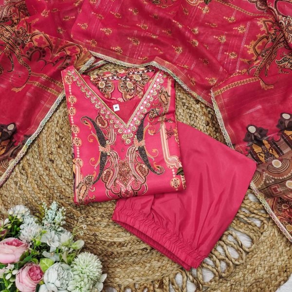 Blush Bloom Light Pink Satin Kurti Set Luxe Digital Print 3-Piece Silk Ensemble for Festive Wear  Straight Cut Long Kurtis