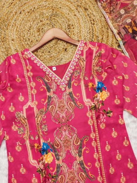 Blush Bloom Light Pink Satin Kurti Set Luxe Digital Print 3-Piece Silk Ensemble for Festive Wear  Straight Cut Long Kurtis