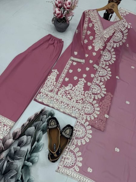 Blush Elegance in Baby Pink Palazzo Set Georgette Kurti with Mirror Embroidery   Dupatta Embroidery Kurtis 