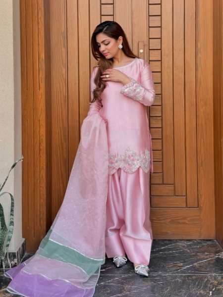 Blush Glow Farshi Palazzo Set Mirror  & Pearl Work with Organza Dupatta 