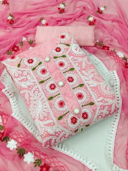 Blush Lucknowi Pink Chanderi Dress Material with Elegant Thread Work & Dupatta Color Set Matching Dress Material Wholesale
