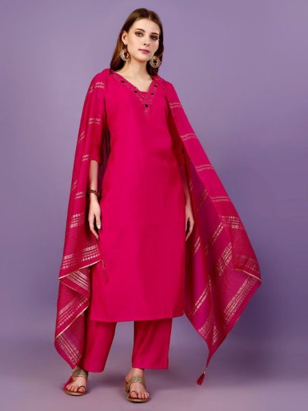 Blush Pink Chanderi Kurta Set with Mirror Detailing & Gold Dupatta Elegant Party Wear 3 Piece Kurti Set