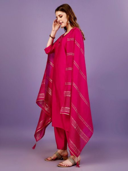Blush Pink Chanderi Kurta Set with Mirror Detailing & Gold Dupatta Elegant Party Wear 3 Piece Kurti Set
