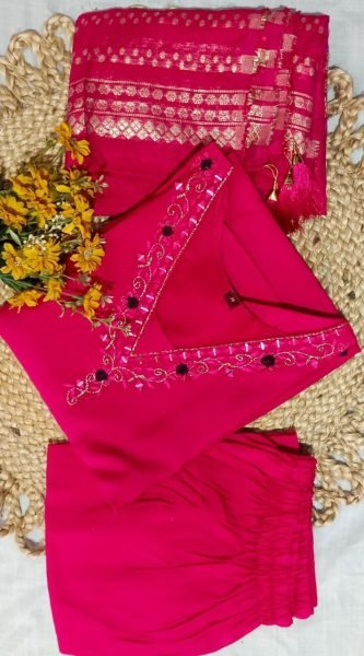 Blush Pink Chanderi Kurta Set with Mirror Detailing & Gold Dupatta Elegant Party Wear 3 Piece Kurti Set